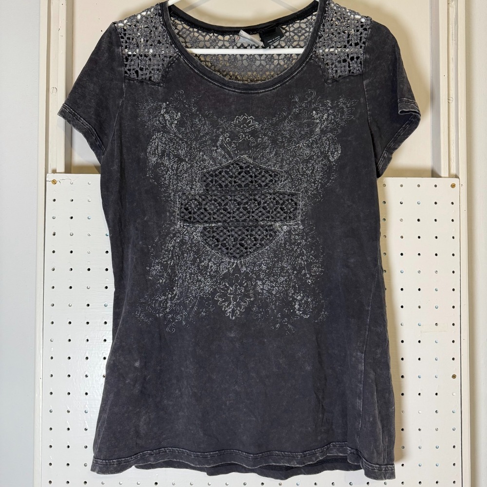 Harley Davidson Crochet Blouse Women's Medium Black Gray Cotton Short Sleeve VTG